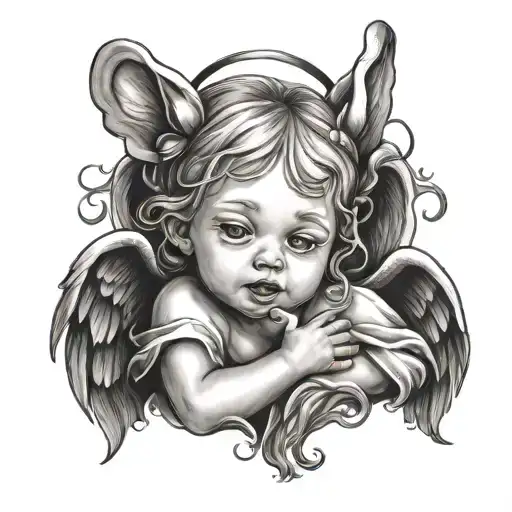 Make a tattoo design of a crying little angel with horns tattoo design idea