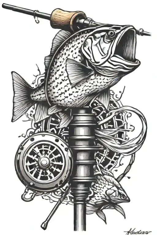 detailed fishing pole tattoo design idea