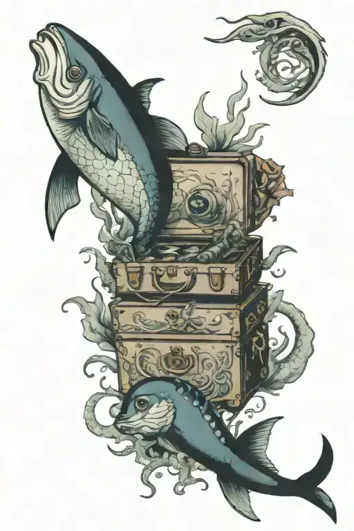 tackle box treasure box under the ocean amongst the seaweed  tattoo design idea