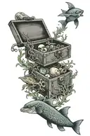 tackle box treasure box under the ocean amongst the seaweed  tattoo design idea