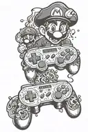 old school Nintendo controller and Mario characters under the ocean  tattoo design idea