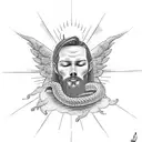 guardian angel in clouds with sun rays shining through with snakes wrapped around his neck tattoo design idea