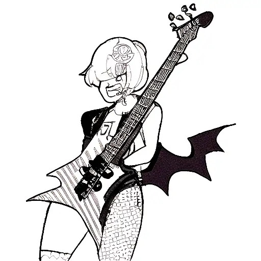 A unique tattoo design that merges the client's love for bass guitar and Batman, showcasing a stylized bat symbol incorporated into the body of the bass guitar in a dotwork style tattoo design idea