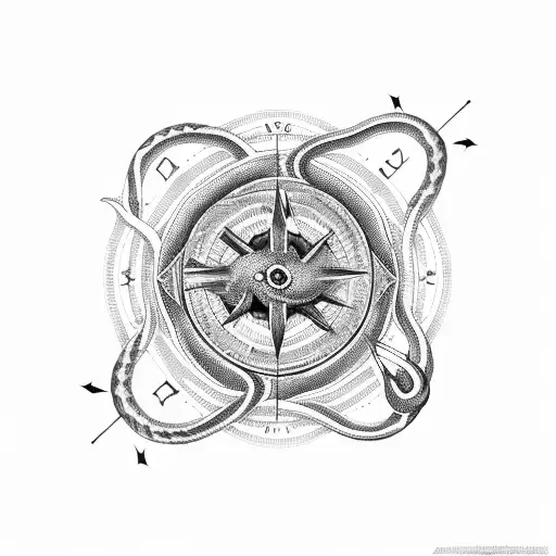  snakes wrappee on compass with arrow tattoo design idea