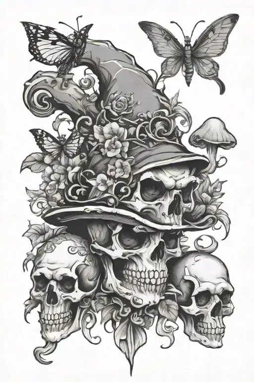 gnome, skull, dragon fly, mushrooms growing tattoo design idea