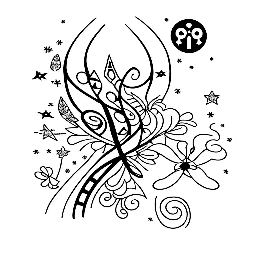 Down the spise. Christian Cross. Red Small Butterflies. Text that says “Figther” downwards, in Thai. Flowers/stars. tattoo design idea