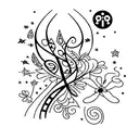 Down the spise. Christian Cross. Red Small Butterflies. Text that says “Figther” downwards, in Thai. Flowers/stars. tattoo design idea