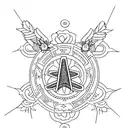 Down the spise. Christian Cross. Red Small Butterflies. Text that says “Figther” downwards, in Thai. Flowers/stars. tattoo design idea