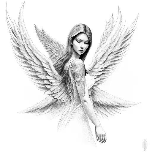 an angel with smooth contouring rays that curve with the wings tattoo design idea