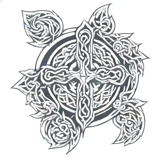 Full length sleeve design with Celtic knotwork and a Celtic cross centered on the shoulder tattoo design idea