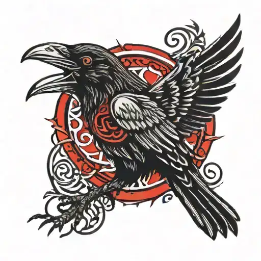 Black raven with red streaks and broken,  Norse tribal symbols tattoo design idea