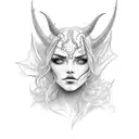Draw the head of a girl in profile who looks like a demoness, devil, but she will be attractive and beautifu tattoo design idea