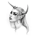 Draw the head of a girl in profile who looks like a demoness, devil, but she will be attractive and beautifu tattoo design idea