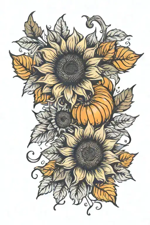 sunflowers pumpkins autumn leaves blowing tattoo design idea