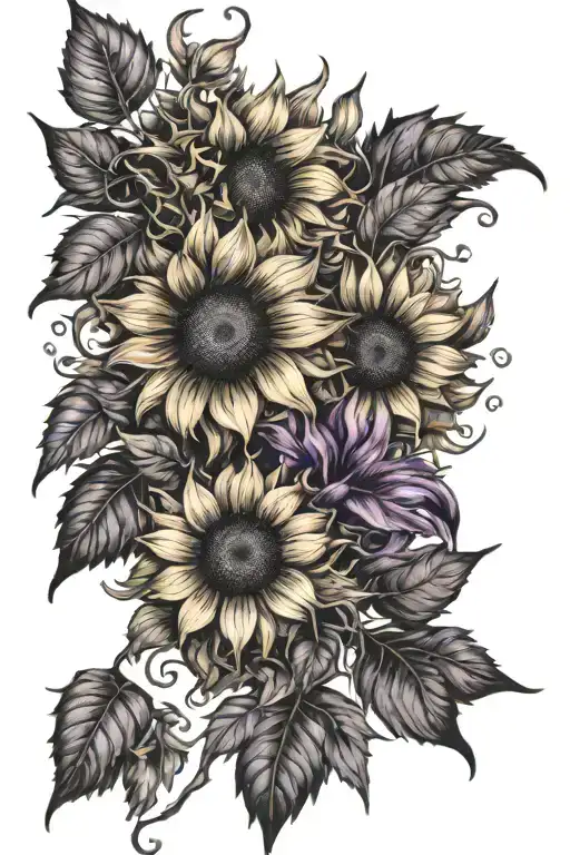 sunflowers pumpkins autumn leaves blowing orange purple black tattoo design idea
