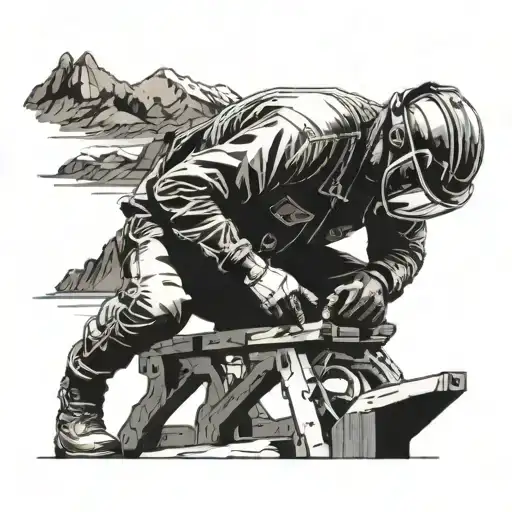 A blackwork tattoo of a welder working on a metal sculpture inspired by the rugged landscapes of British Columbia tattoo design idea