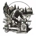 A blackwork tattoo of a welder working on a metal sculpture inspired by the rugged landscapes of British Columbia tattoo design idea