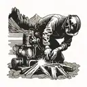 A blackwork tattoo of a welder working on a metal sculpture inspired by the rugged landscapes of British Columbia tattoo design idea