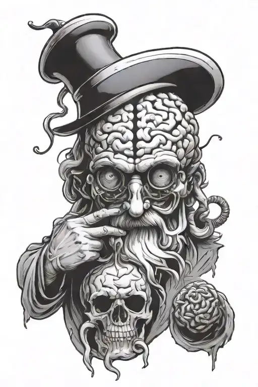 Santa Barbara holding a brain and a heart with mineshaft in the background  tattoo design idea