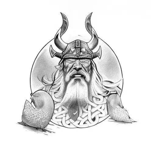 Viking walking with axe over shoulder and raven in background tattoo design idea