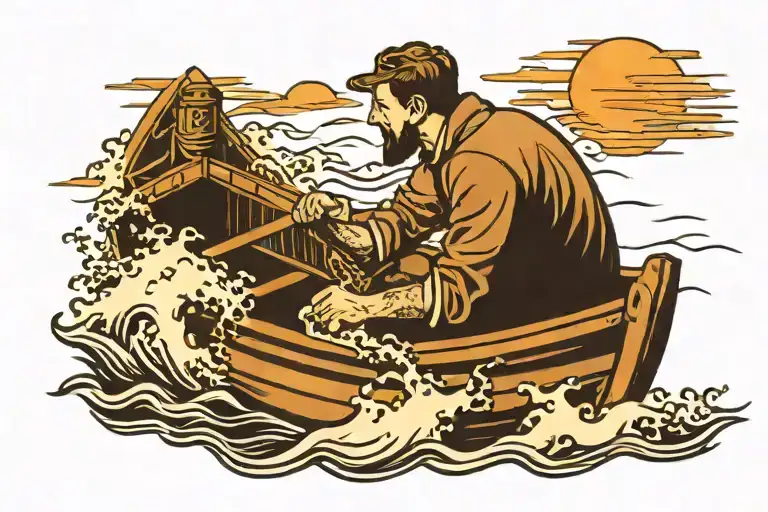 man in row boat rowing aimlessly in a rough seas tattoo design idea