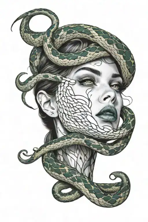 girls face snakes wrapping tattoo design idea