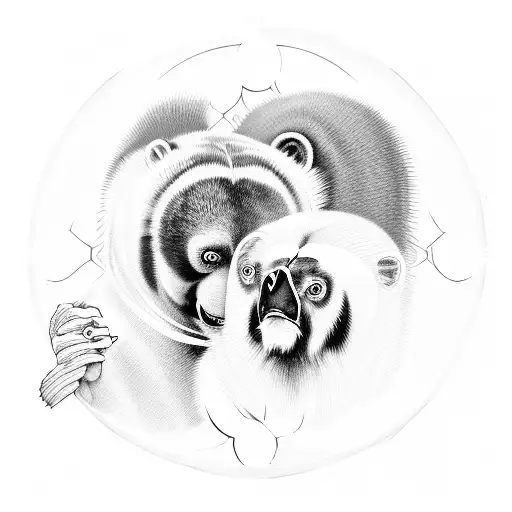 Depict the spectacled bear and the king vulture in a yin-yang formation, representing the balance of the terrestrial and tattoo design idea