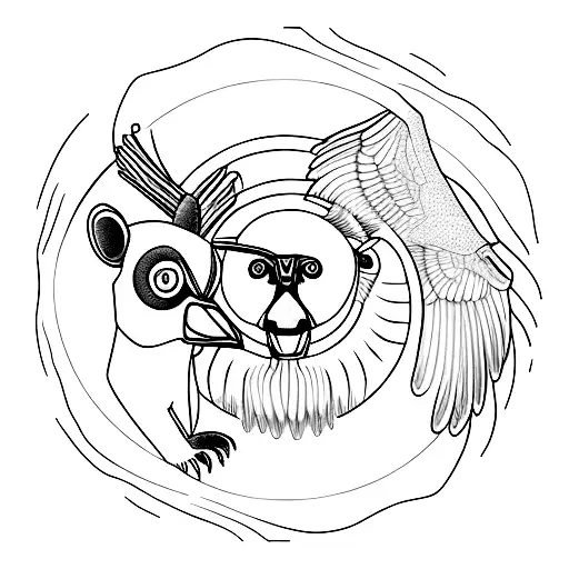 Depict the spectacled bear and the king vulture in a yin-yang formation, representing the balance of the terrestrial and tattoo design idea