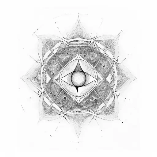 A nature scene with sacred geometric patterns forming the universe tattoo design idea