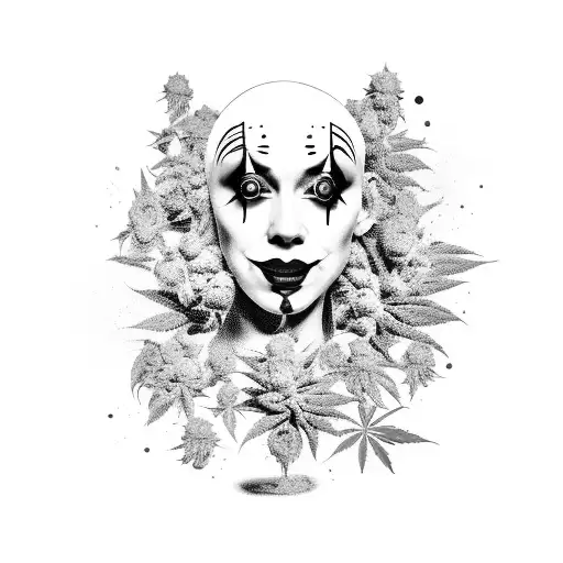 A surreal composition featuring a woman with a clown face, holding a gun and surrounded by marijuana plants and money tattoo design idea