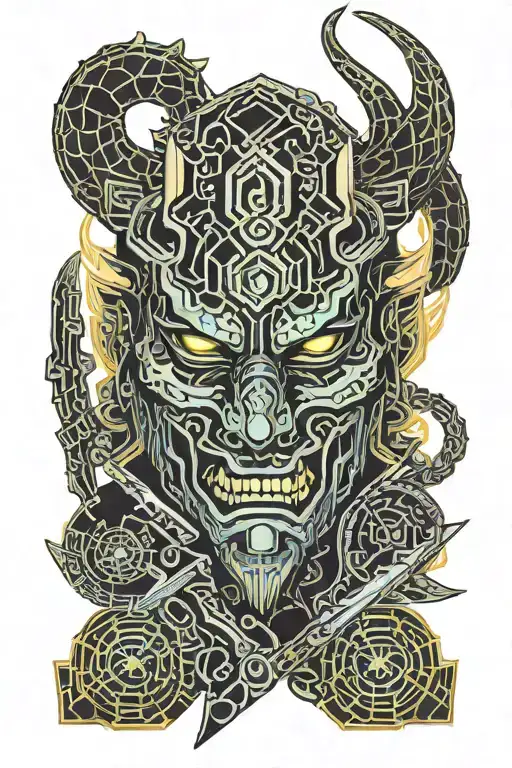 Oni Mask Dragon Katana tattoo design idea