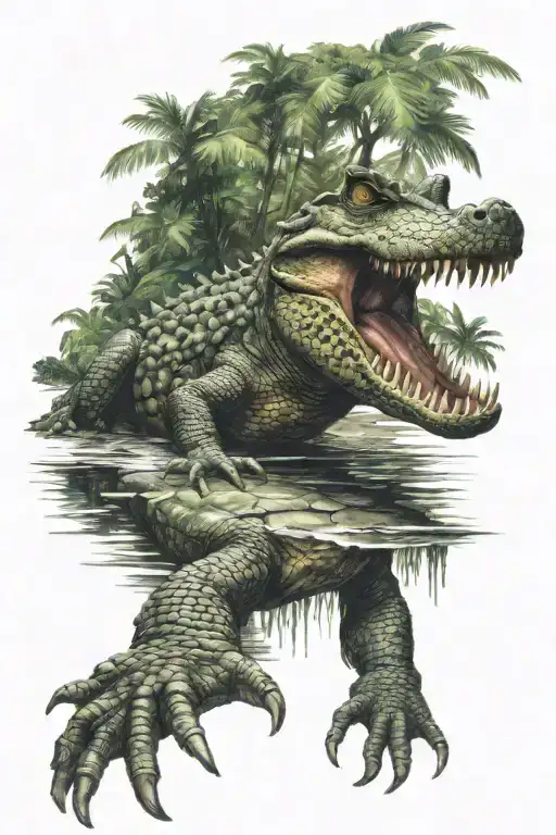 crocodile comes out of water with rainforest in The foreground and in The background tattoo design idea
