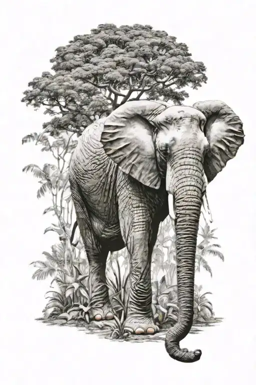 Super realistic elephant stands sideways in the background of a jungle, you can only see the front half of the body tattoo design idea