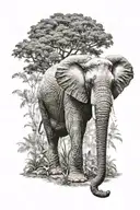 Super realistic elephant stands sideways in the background of a jungle, you can only see the front half of the body tattoo design idea