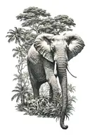 Super realistic elephant stands sideways in the background of a jungle, you can only see the front half of the body tattoo design idea