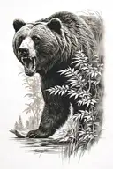 Bear roaring slightly and walking, jungle in the foreground with the transition to the forest at the back tattoo design idea