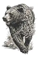 Bear roaring slightly and walking, jungle in the foreground with the transition to the forest at the back tattoo design idea