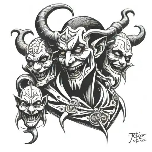 jester playing with masks of emotion tattoo design idea