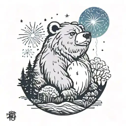 bear on hill watching fireworks tattoo design idea