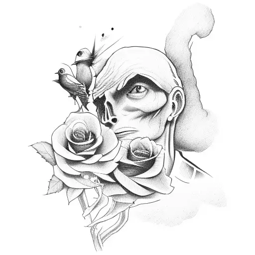 Man with a red rose and red bird on the right  tattoo design idea