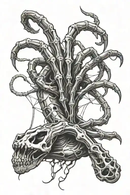 sketch around the hand, a terrifying skeleton snake along with cobwebs and spiders tattoo design idea