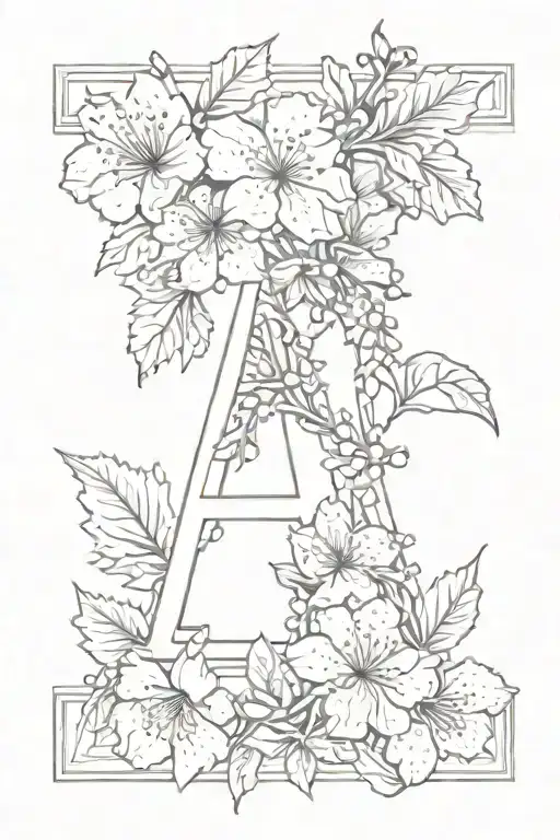 cherry blossom and holly branch with letter H tattoo design idea