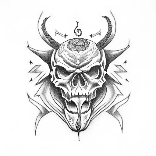 Combine the love for caffeine and satanic imagery in a dotwork tattoo featuring a demon drinking coffee from a skull cup. tattoo design idea