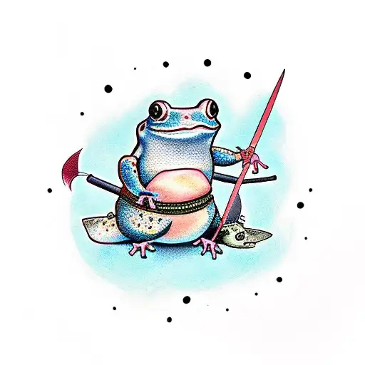 cute chonky Samurai Frog with a tiny sword and armor tattoo design idea
