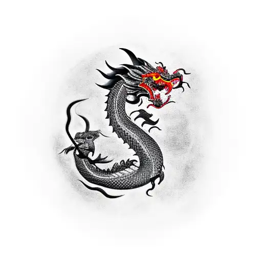 A black-grey tattoo of a traditional Chinese dragon wrapped around a heart, symbolizing the client's love for their family and Chinese heritage tattoo design idea