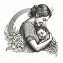 A mother embracing her child with a radiant sun shining in the background, symbolizing the warmth and love of God's presence in their lives tattoo design idea