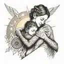 A mother embracing her child with a radiant sun shining in the background, symbolizing the warmth and love of God's presence in their lives tattoo design idea