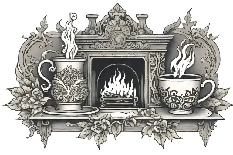 fireplace on left cup of chai on right side tattoo design idea