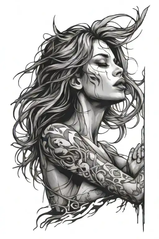 Broken woman with hands up praising in freedom standing tattoo design idea