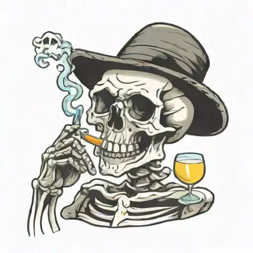 skeleton with drink and cigarette and hat tattoo design idea